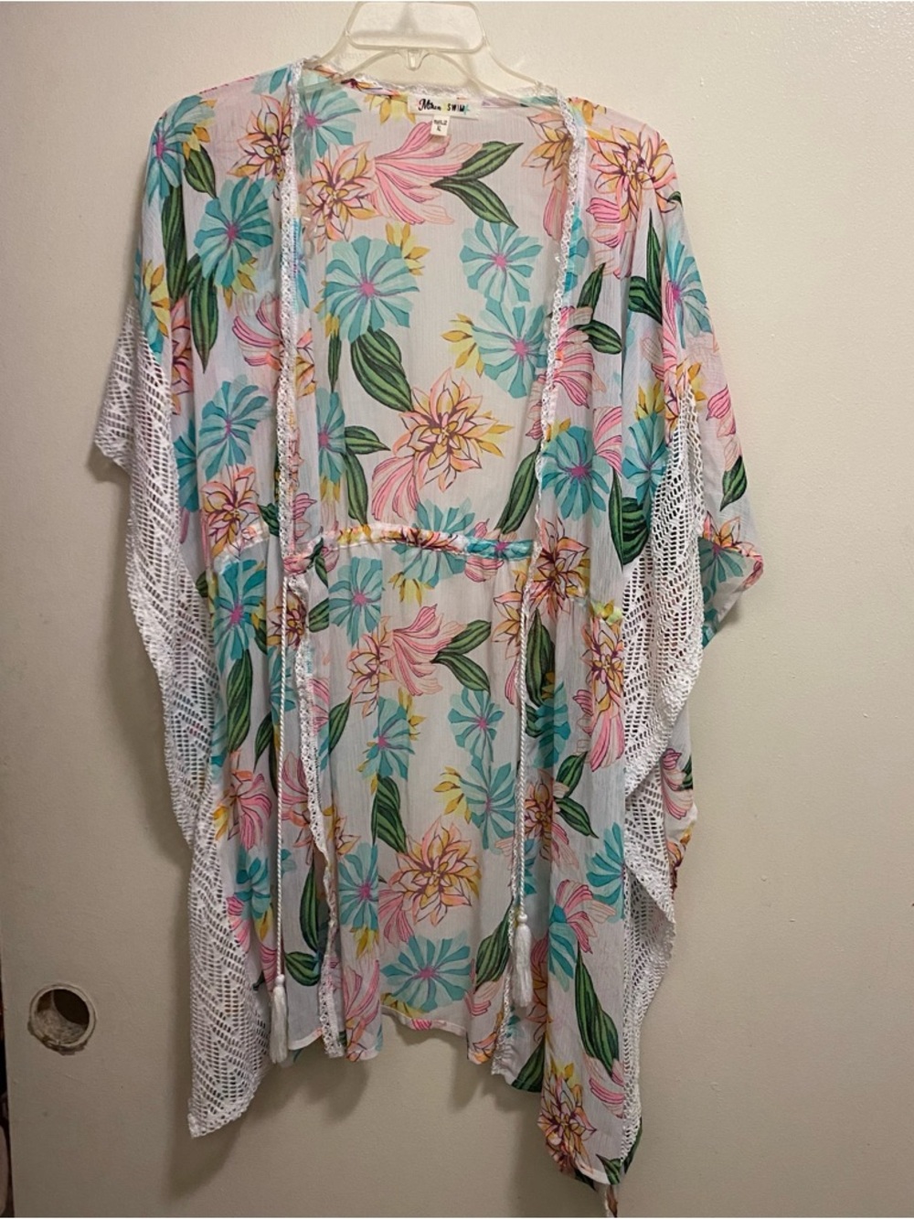 Miken Swim Cover Up XL Pastel Floral On White Net Trim & Tassels Tropical Beach